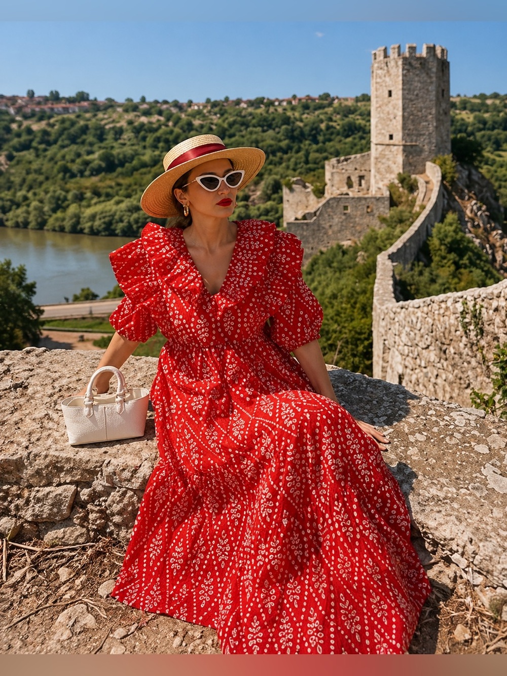 ZARA DRESS WITH CUTWORK EMBROIDERY PUFF SLEEVES MIDI RED